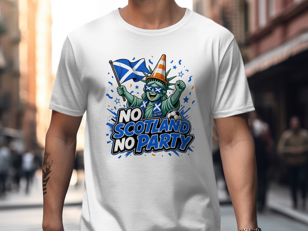 Statue of Liberty with Scottish flag and "NO SCOTLAND NO PARTY" text.