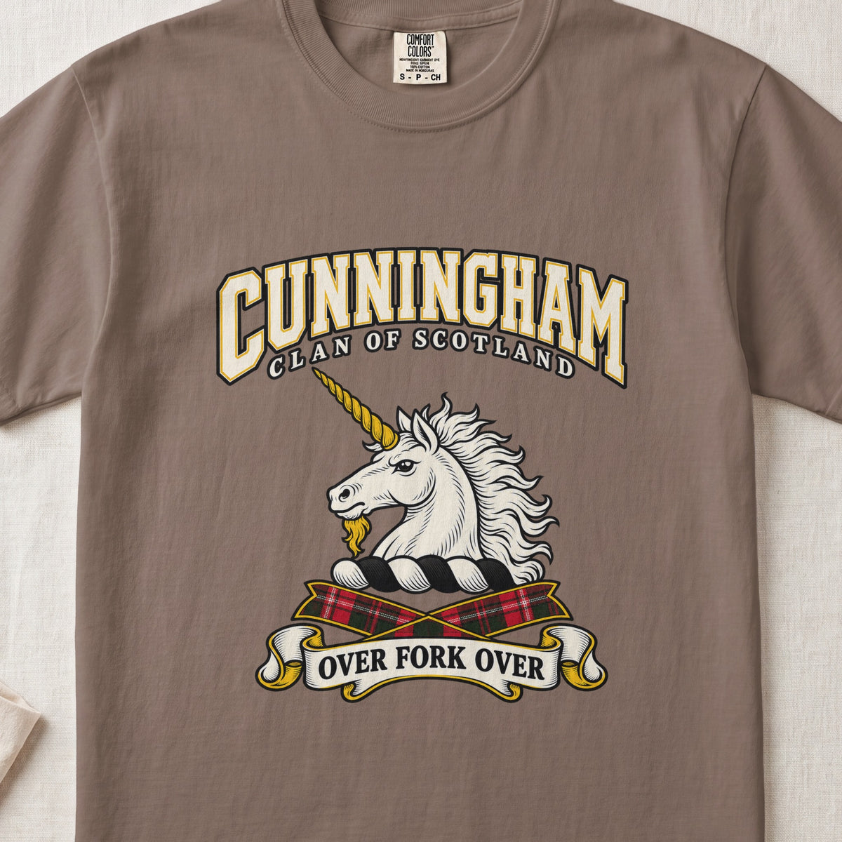 Cunningham Scottish clan graphic T-shirt in Espresso, front view
