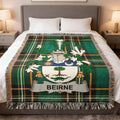 Beirne O'Beirne Irish family crest woven blanket with Irish tartan design and fringed edges