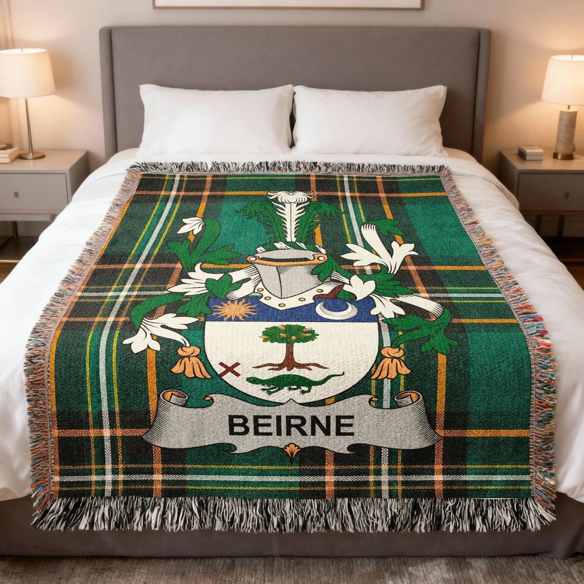 Beirne O'Beirne Irish family crest woven blanket with Irish tartan design and fringed edges