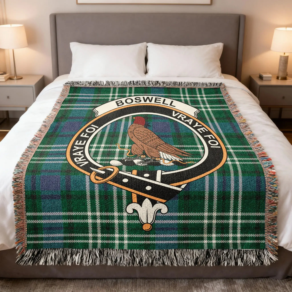 Clan Boswell vraye foi green tartan crest woven blanket — 100% cotton