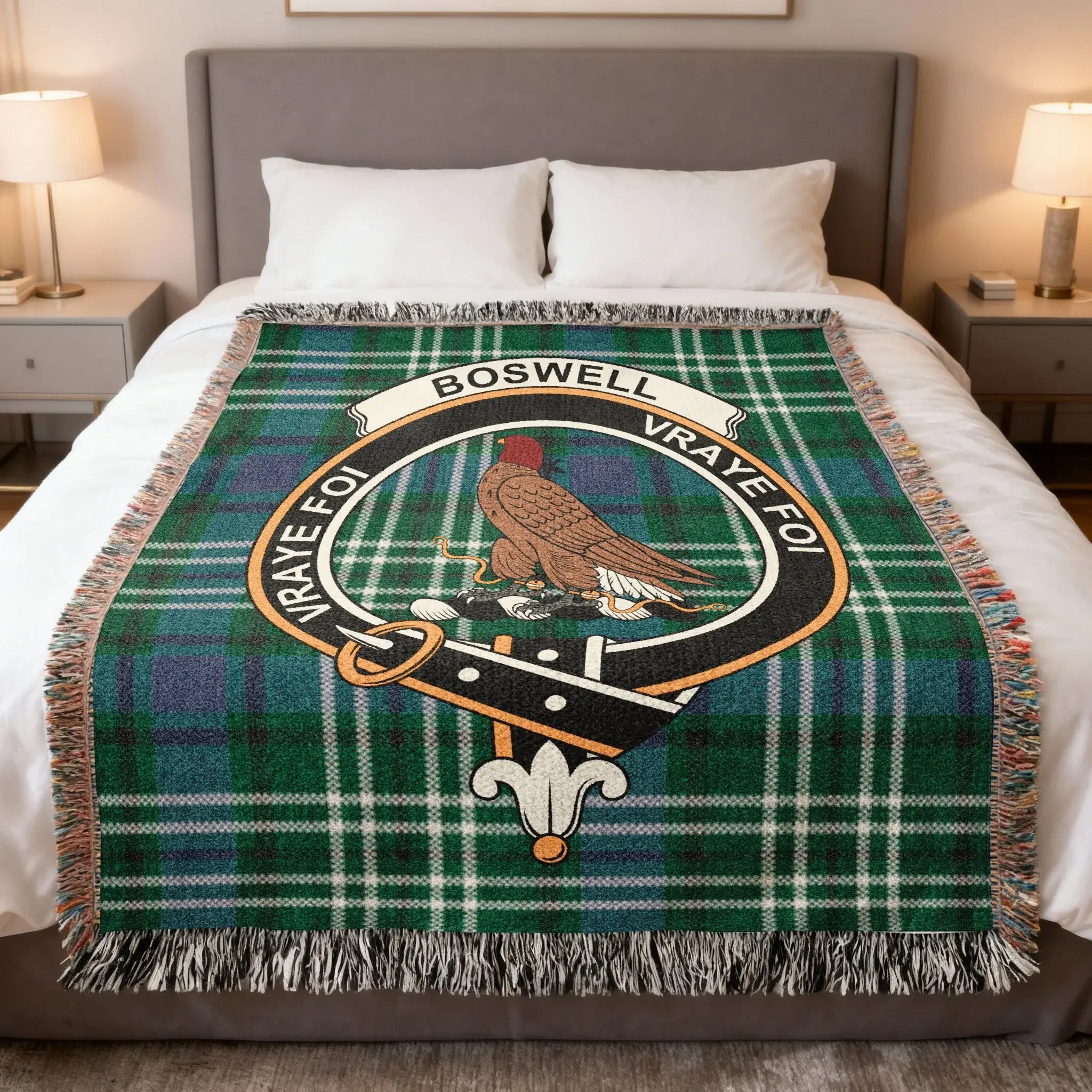 Clan Boswell vraye foi green tartan crest woven blanket — 100% cotton