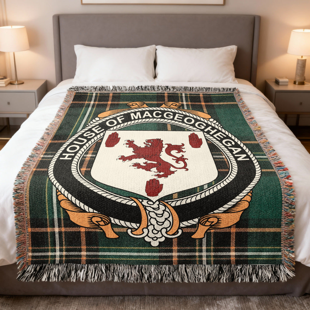 Maceoghegan Irish National Tartan woven blanket with family crest emblem