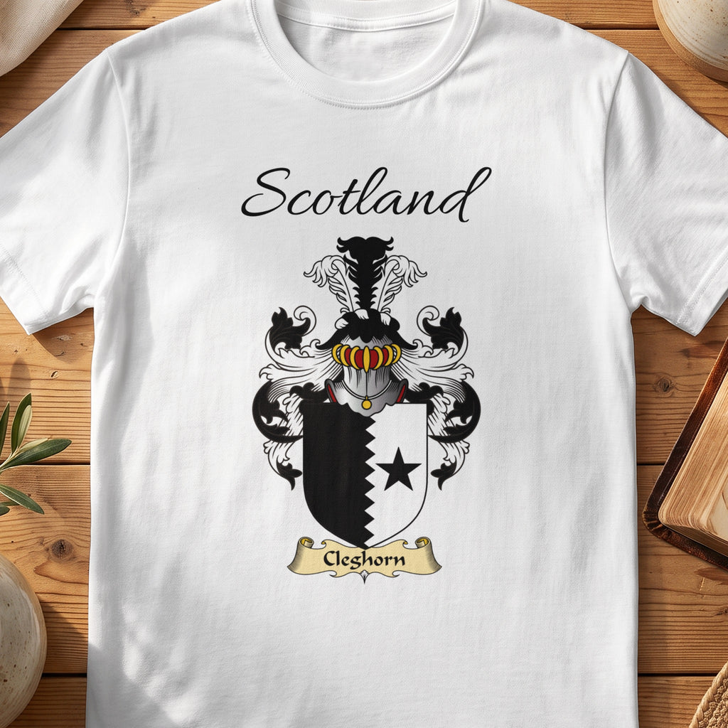 White Cleghorn Scottish family shield T-shirt featuring a black star beside a jagged black dividing line