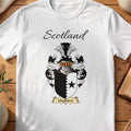 White Cleghorn Scottish family shield T-shirt featuring a black star beside a jagged black dividing line