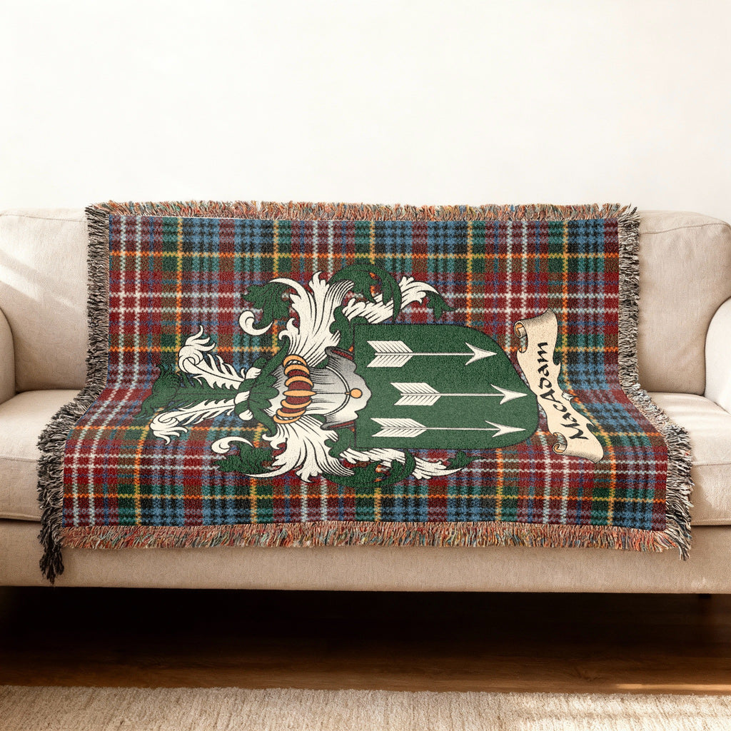 MacAdam Scottish woven blanket with family shield and Caledonia tartan background