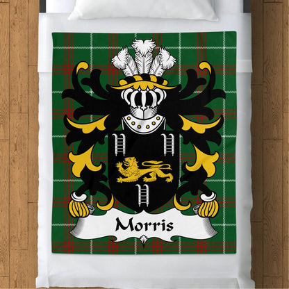 Morris Surname Coat of Arms on Tartan Background Blanket - Living Stone Gifts