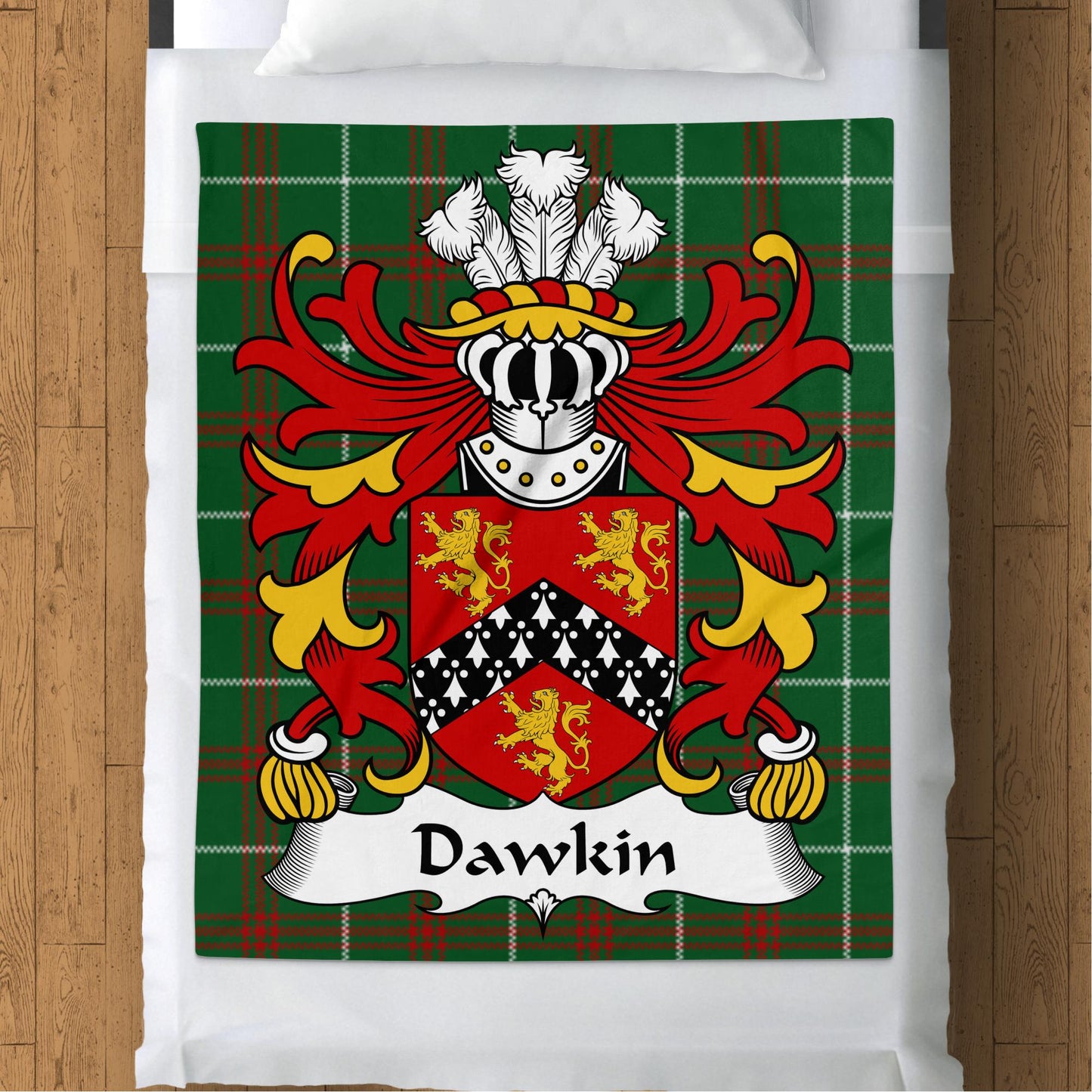 Dawkin Coat of Arms on Welsh Tartan Background Blanket - Living Stone Gifts