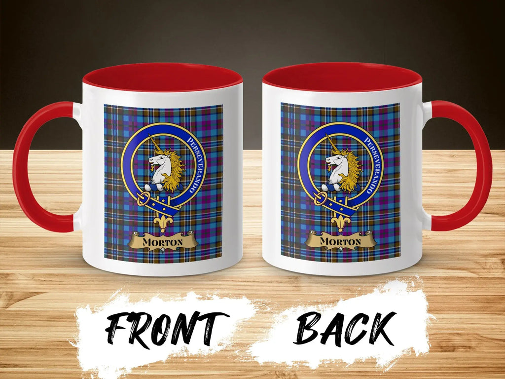 Morton tartan-background crest mug shown as a Scottish heritage gift