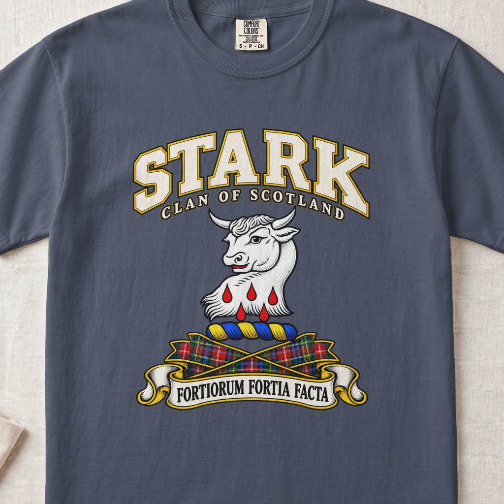 Stark Scottish clan T-shirt in Midnight, front view with a white bull head with red drops below and motto banner.
