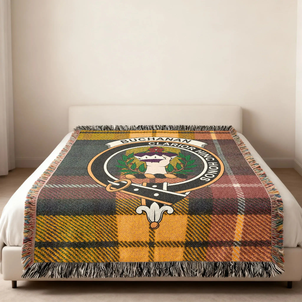 Buchanan clan crest woven blanket — heirloom quality cotton, fringe finish