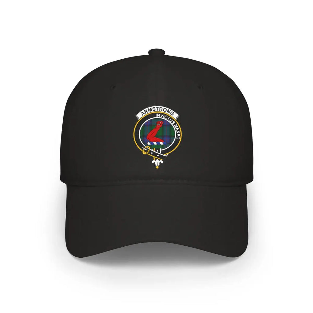 Armstrong Invictus Maneo clan crest cap in black — tartan design, one size adjustable baseball cap