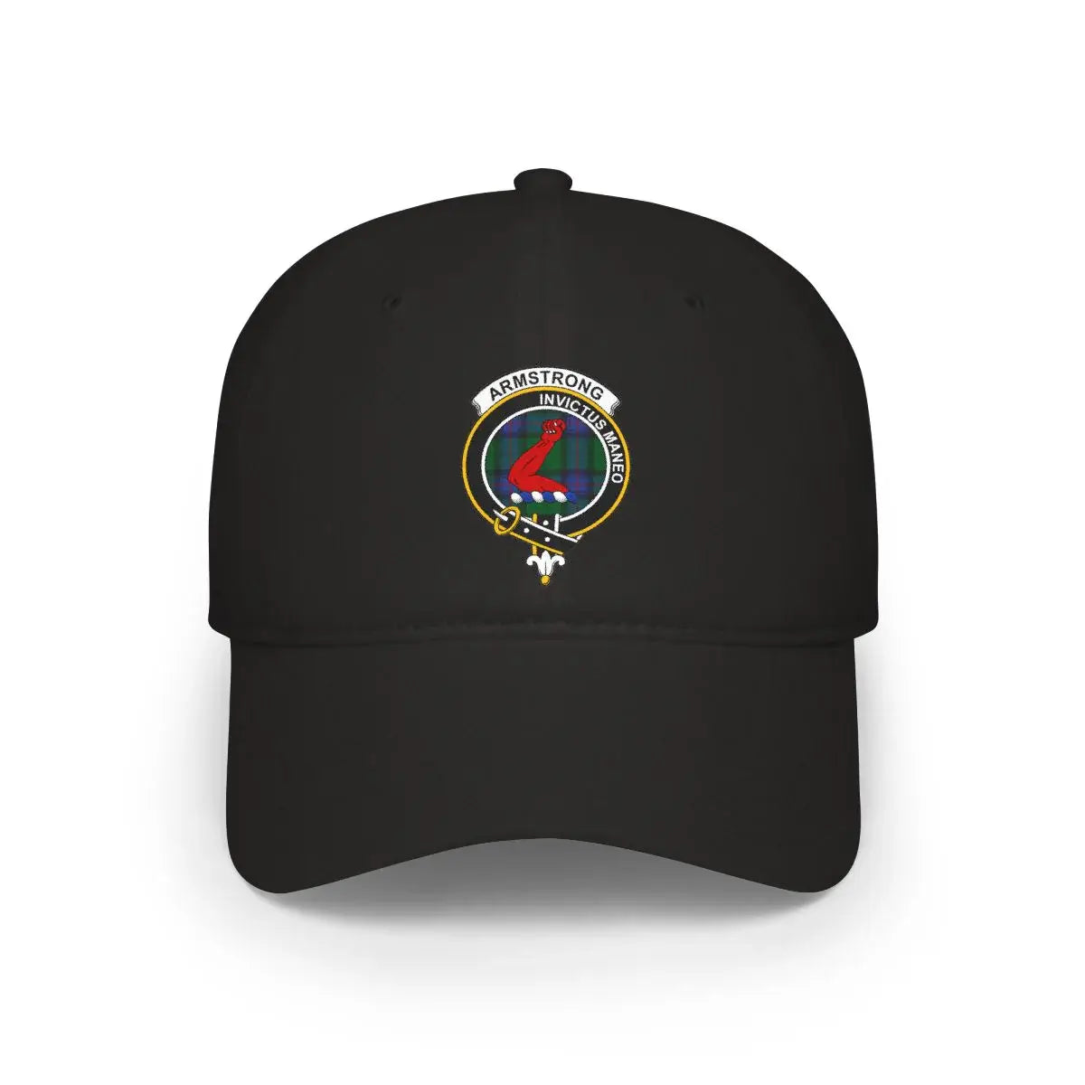 Armstrong Invictus Maneo clan crest cap in black — tartan design, one size adjustable baseball cap