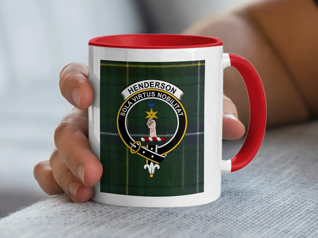 Henderson clan tartan Sola Virtus Nobilitat mug 15oz — glossy white ceramic with navy handle