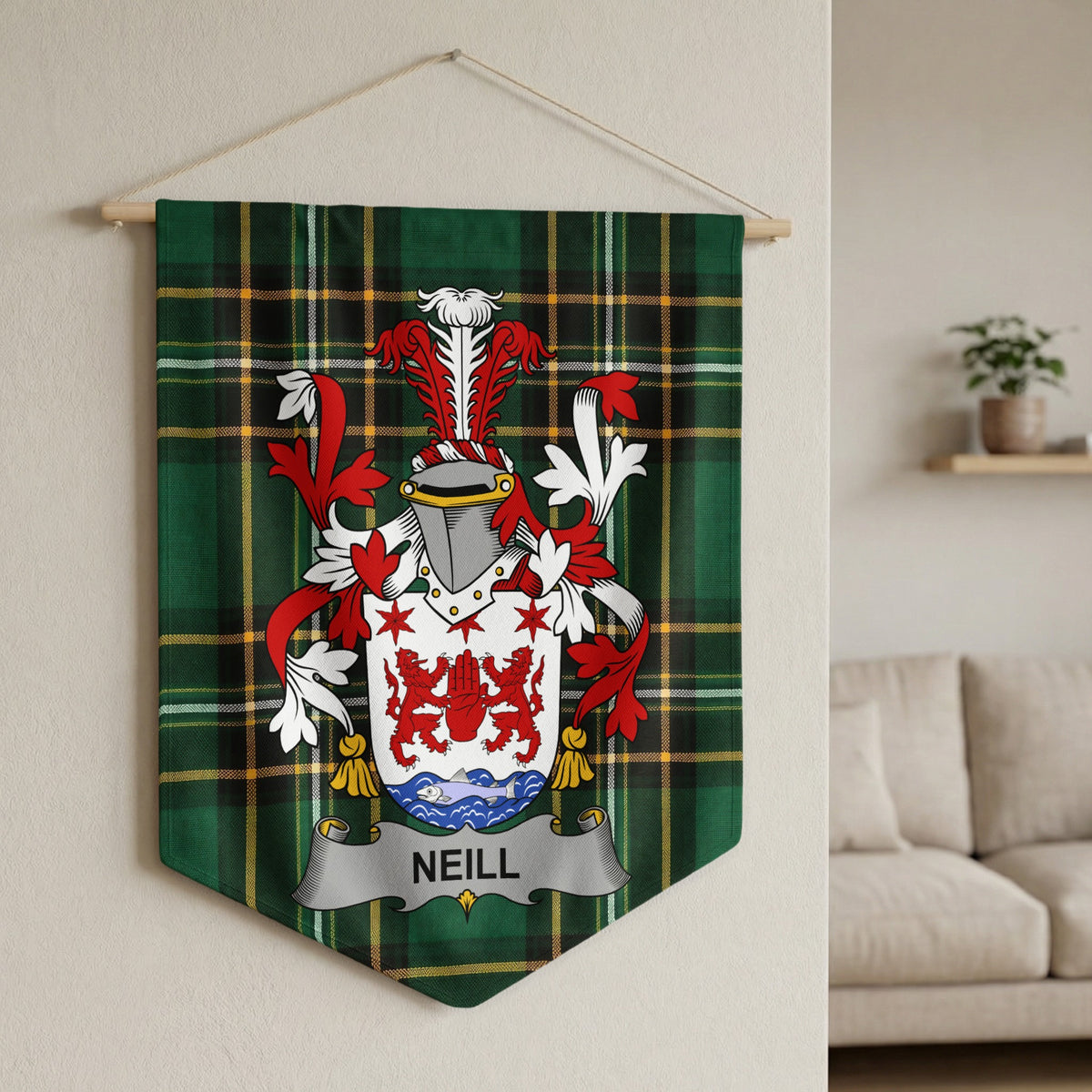 Neill family crest banner on green tartan fabric hanging on wall.