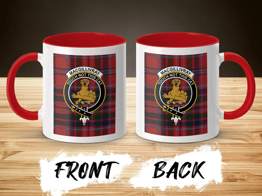 MacGillivray clan crest accent mug with red handle — Touch Not the Cat tartan 11 oz