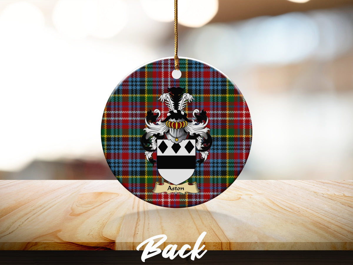 Round Aston Scottish clan ornament with family crest on a Caledonia tartan background