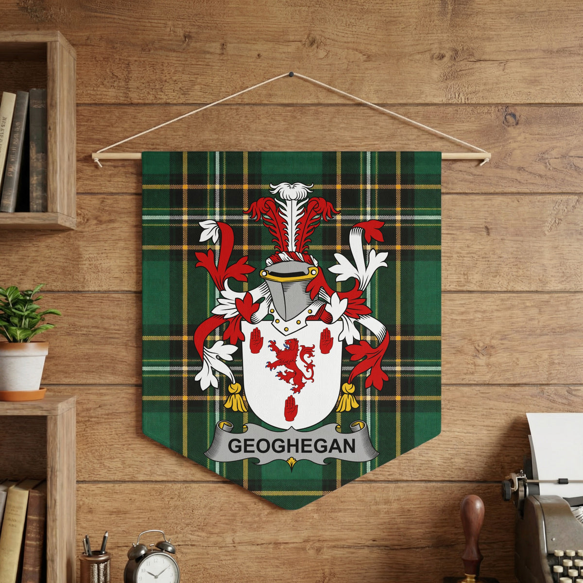 Geoghegan family crest on a green tartan banner with a silver helm and red lion.