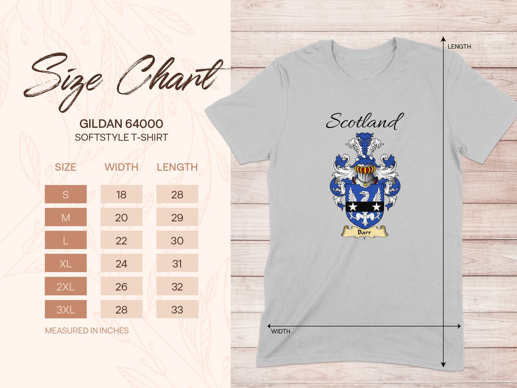 Gildan 64000 size chart for the Barr unisex T-shirt, sizes S to 3XL