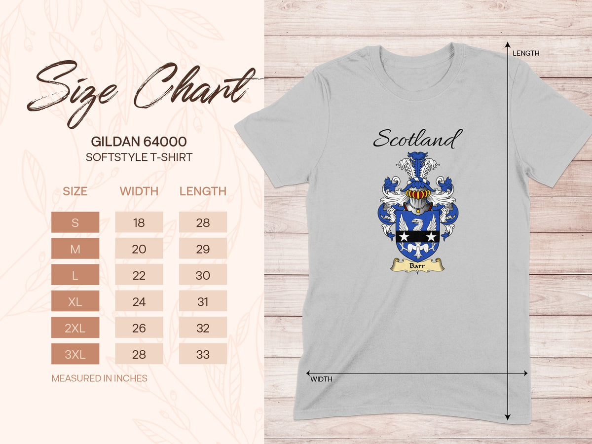 Gildan 64000 size chart for the Barr unisex T-shirt, sizes S to 3XL