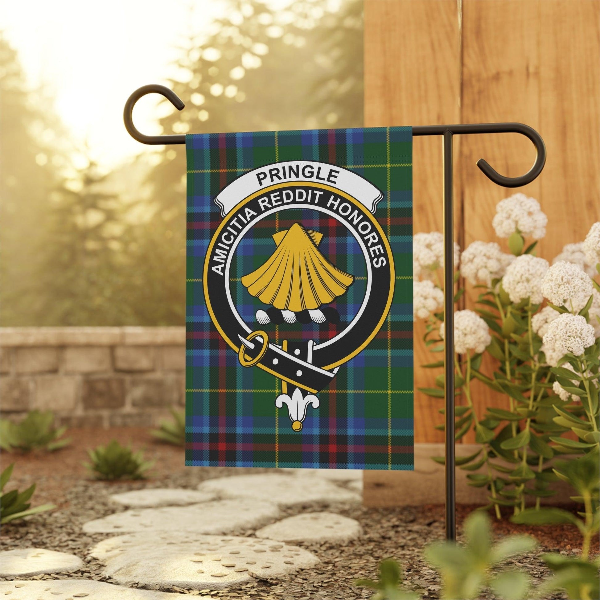Pringle Clan Scottish Tartan Crest Garden Flag - Celtic Ancestry Gifts