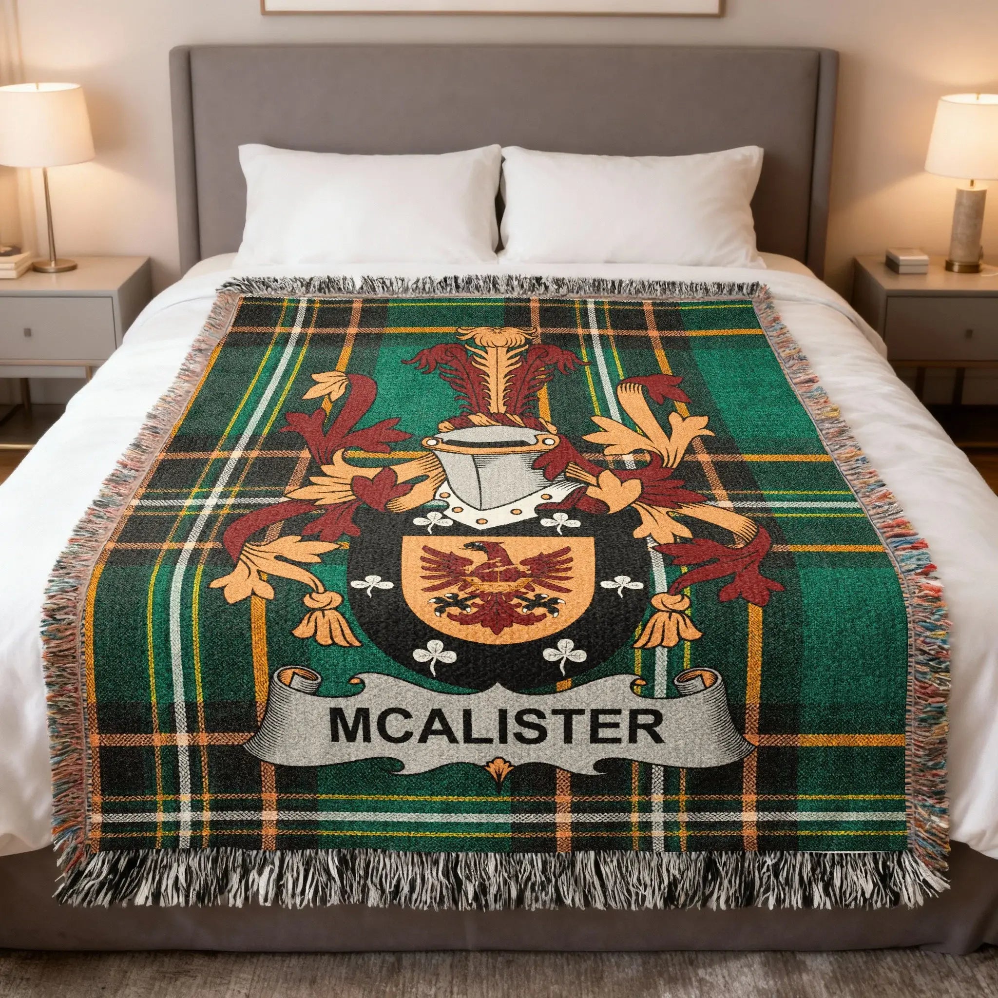 McAlister Irish woven cotton blanket with family crest on Irish National Tartan