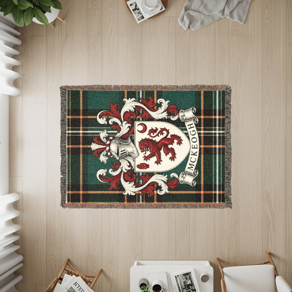 Close-up of McKeogh family crest design on Irish National Tartan heirloom woven blanket