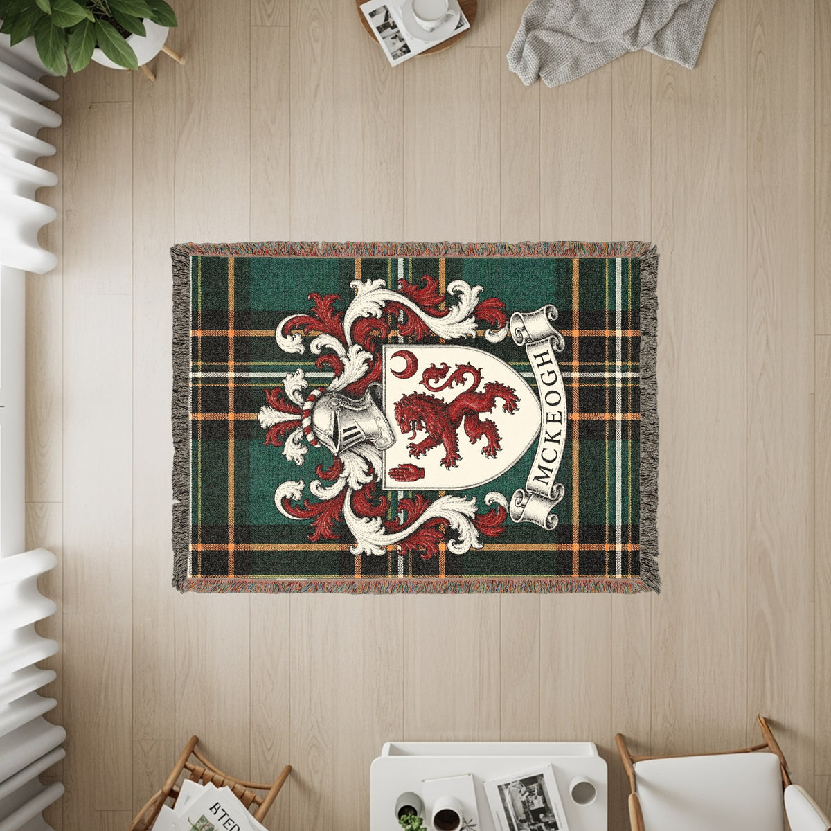 Close-up of McKeogh family crest design on Irish National Tartan heirloom woven blanket