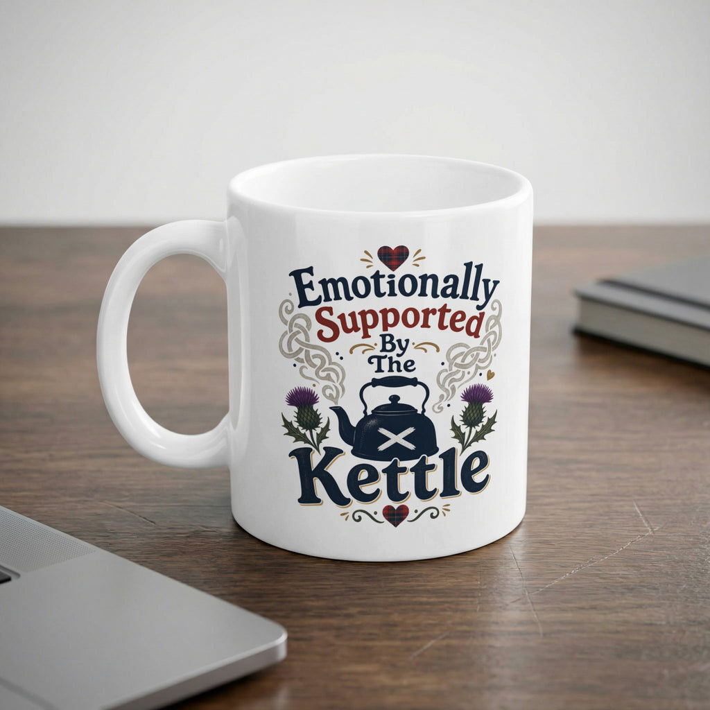 White mug with "Emotionally Supported By The Kettle" text and thistle design.