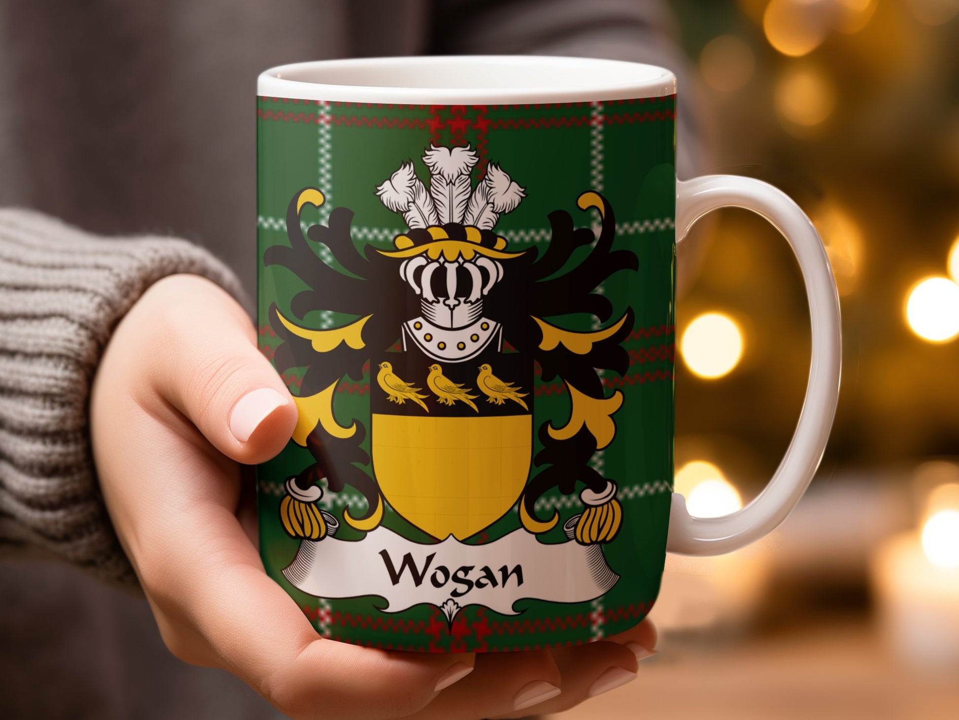 Wogan Welsh Surname Coat of Arms Tartan Background Mug - Living Stone Gifts