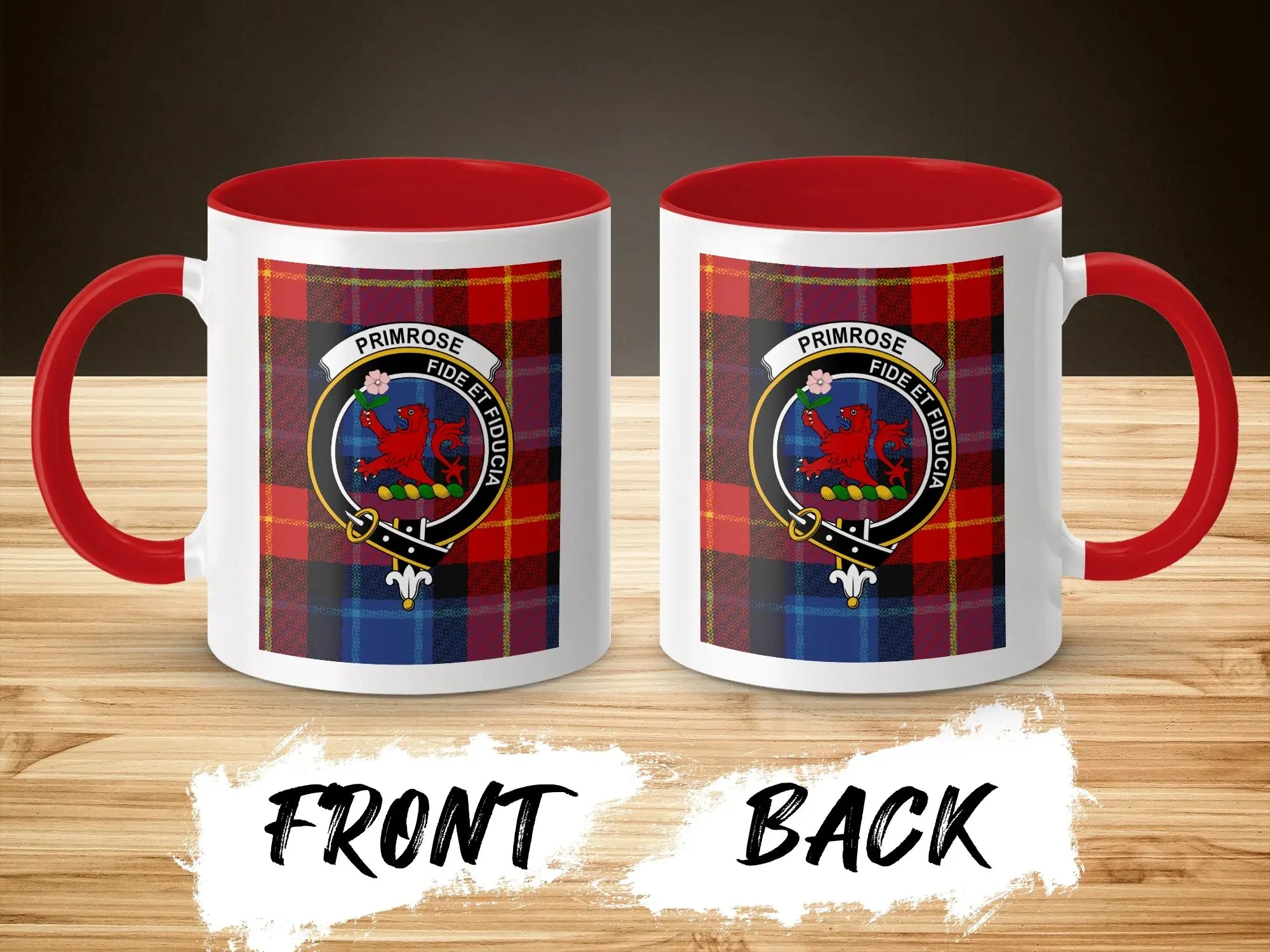 Clan Primrose mug with red handle — 15oz glossy ceramic, clan badge design
