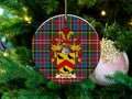 Breydon Scottish clan ceramic ornament with family crest on a Caledonia tartan background, hanging on a Christmas tree