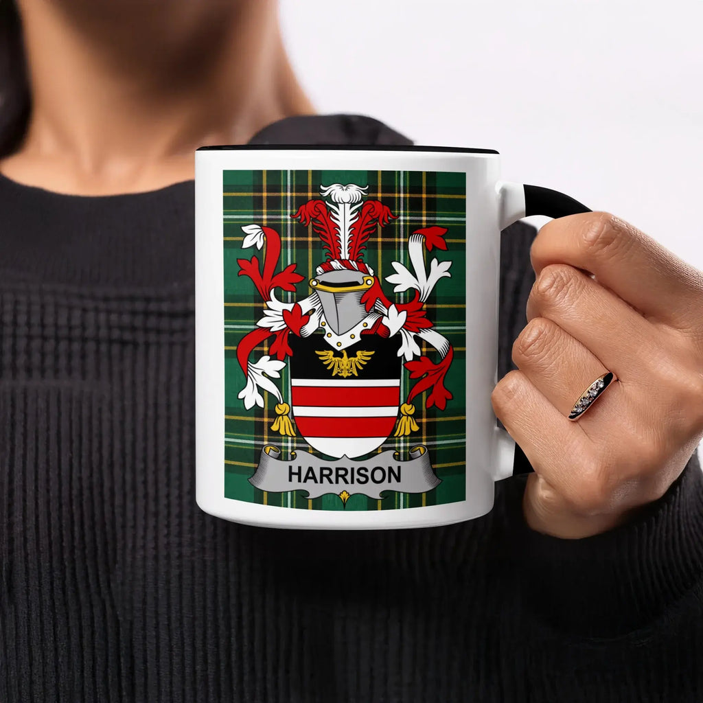 Mug featuring the Harrison family crest with a tartan background.