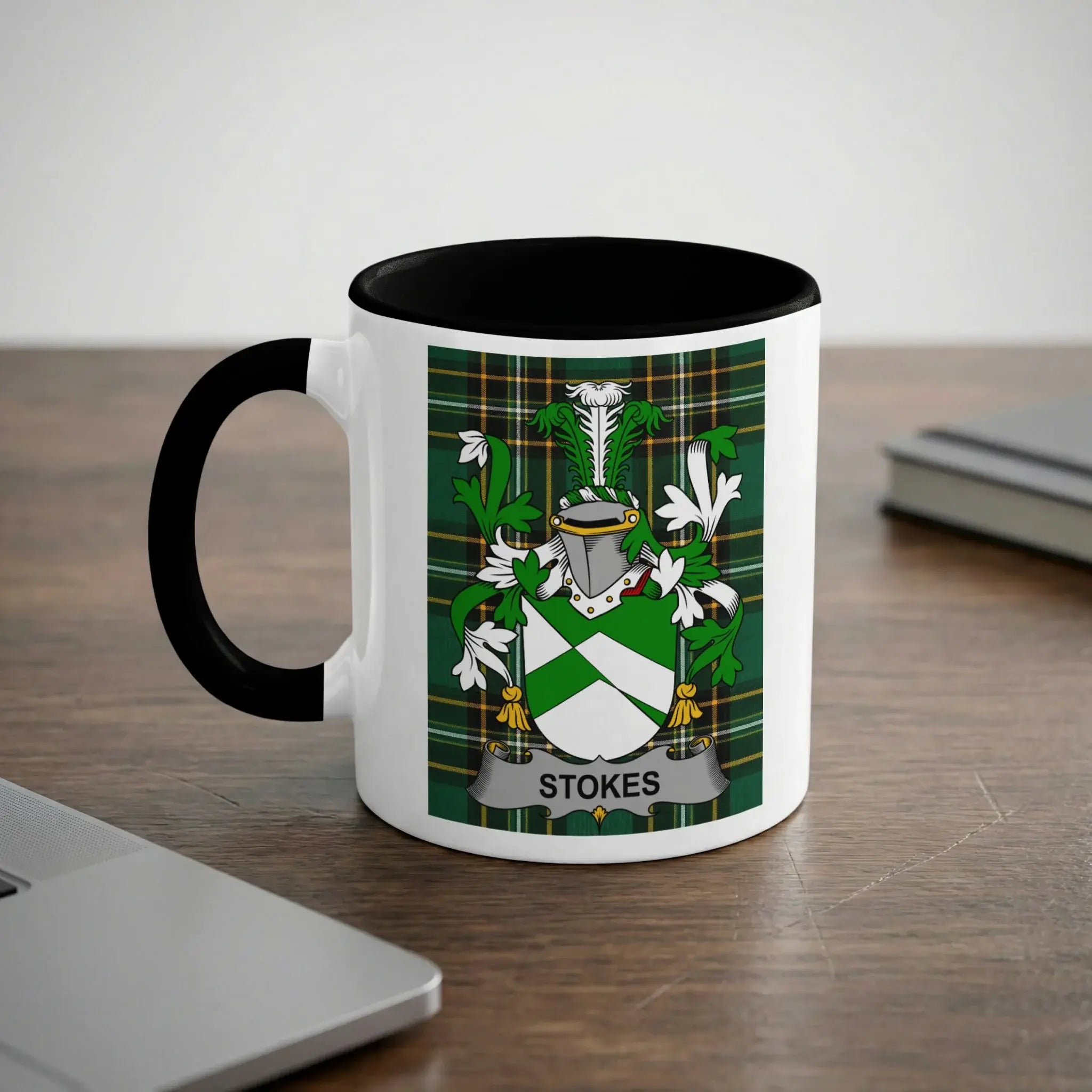 Stokes Irish heritage mug with black interior and family crest
