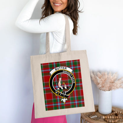 Butter Scottish Clan Crest Tartan Background Tote Bag - Living Stone Gifts