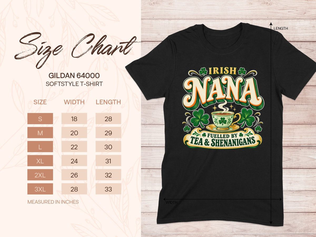Gildan 64000 unisex T-shirt size chart with width and length measurements
