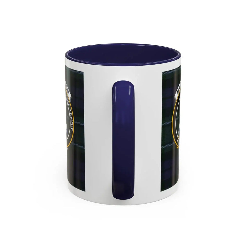 MacCallum Scottish clan crest mug — 15 oz with navy handle and interior, tartan detail