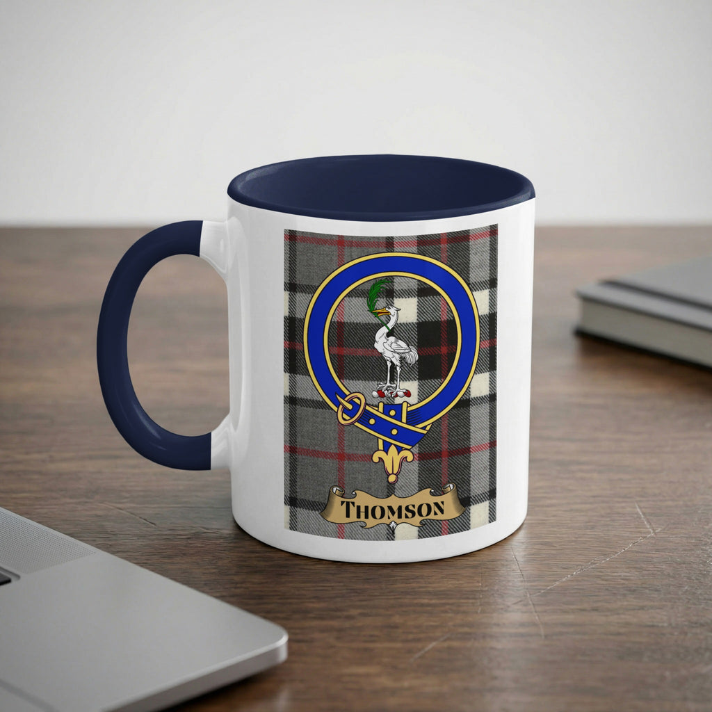 Thomson crest on tartan background mug — navy interior close-up, Scottish heritage gift