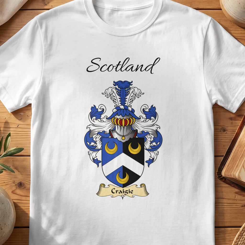 White Craigie Scottish family shield T-shirt featuring a white chevron and gold crescents on blue and black