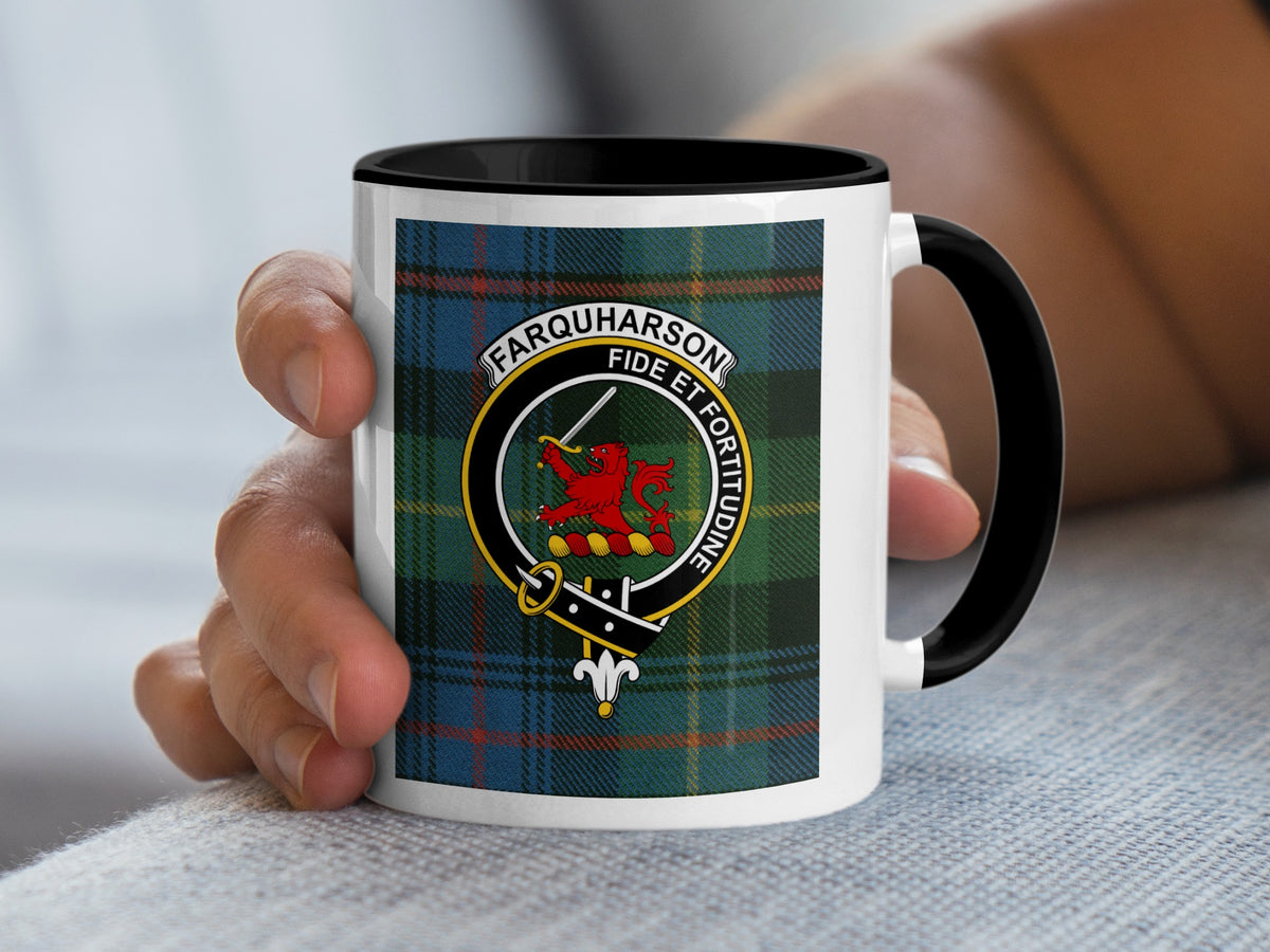Farquharson Scottish clan crest artwork on an 11 oz black accent mug with a tartan background