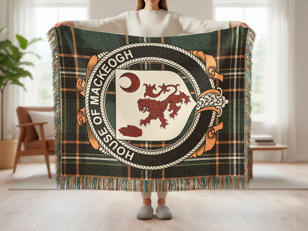 MacKeogh surname blanket showing Irish National Tartan woven design