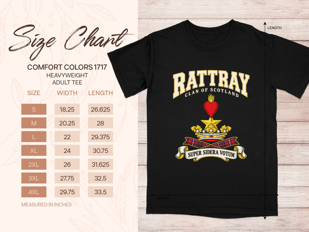 Comfort Colors 1717 size chart in inches with a black Rattray clan crest T-shirt preview