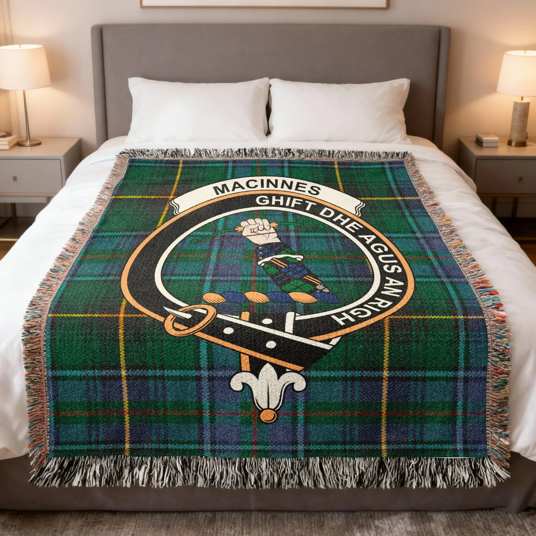 MacInnes clan crest tartan woven cotton blanket — Ghìft Dhe Agus An Righ with fringe edge