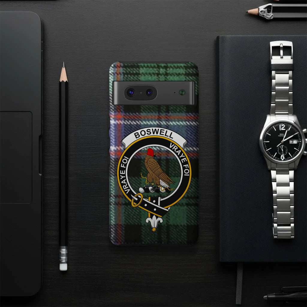 Boswell vraye foi emblem on tartan phone case — Google Pixel shown, full wrap print