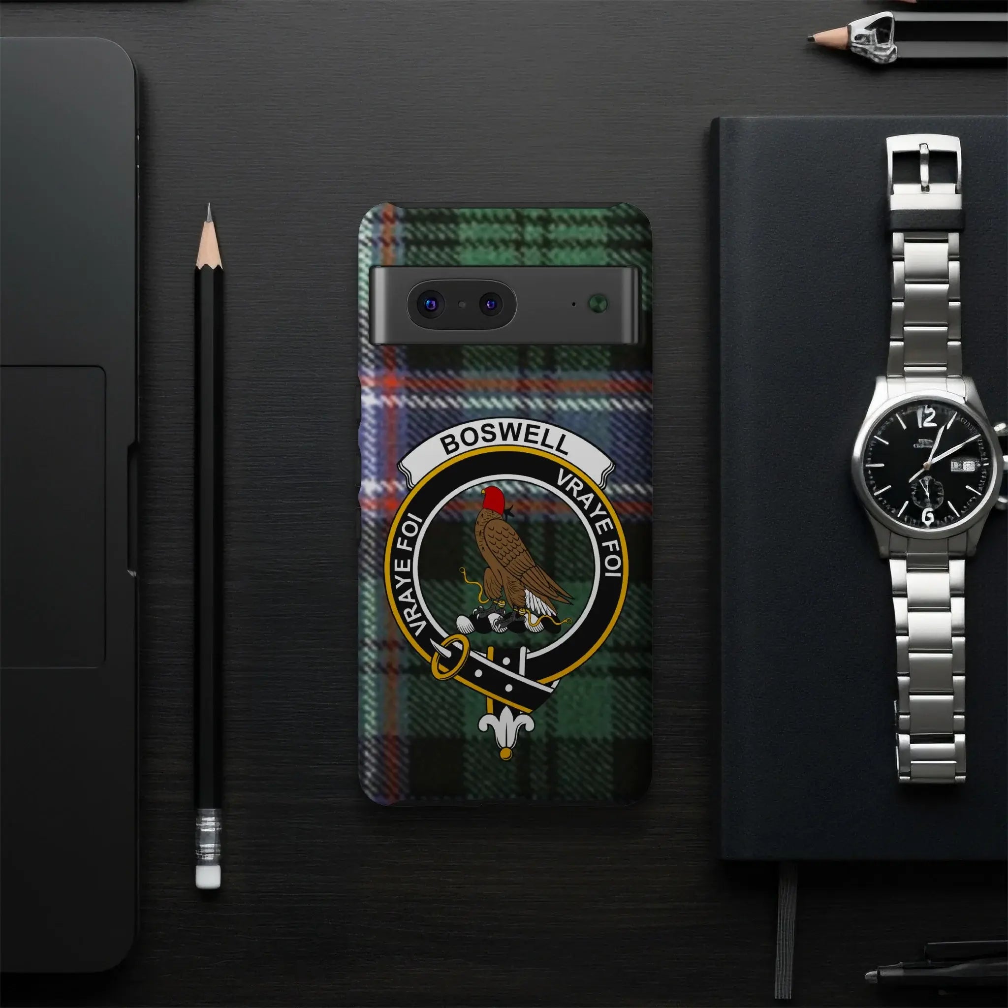 Boswell vraye foi emblem on tartan phone case — Google Pixel shown, full wrap print