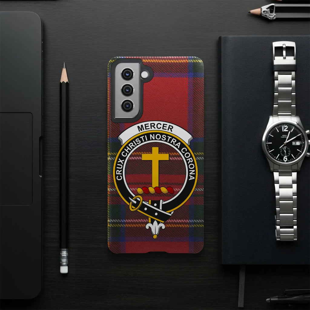 Mercer clan crest phone case — edge-to-edge tartan print on slim glossy case, iPhone compatible