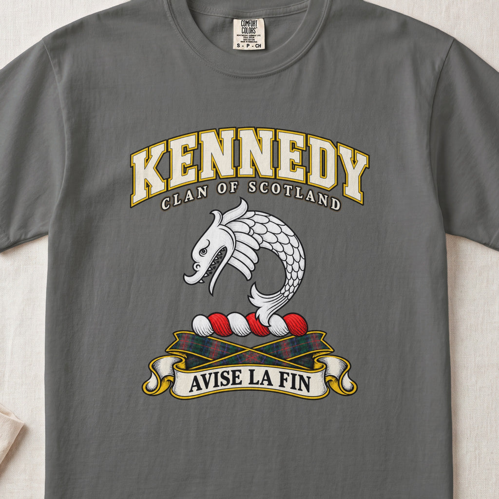Kennedy Scottish clan T-shirt in Pepper, front view with a curved silver fish motif and motto banner.