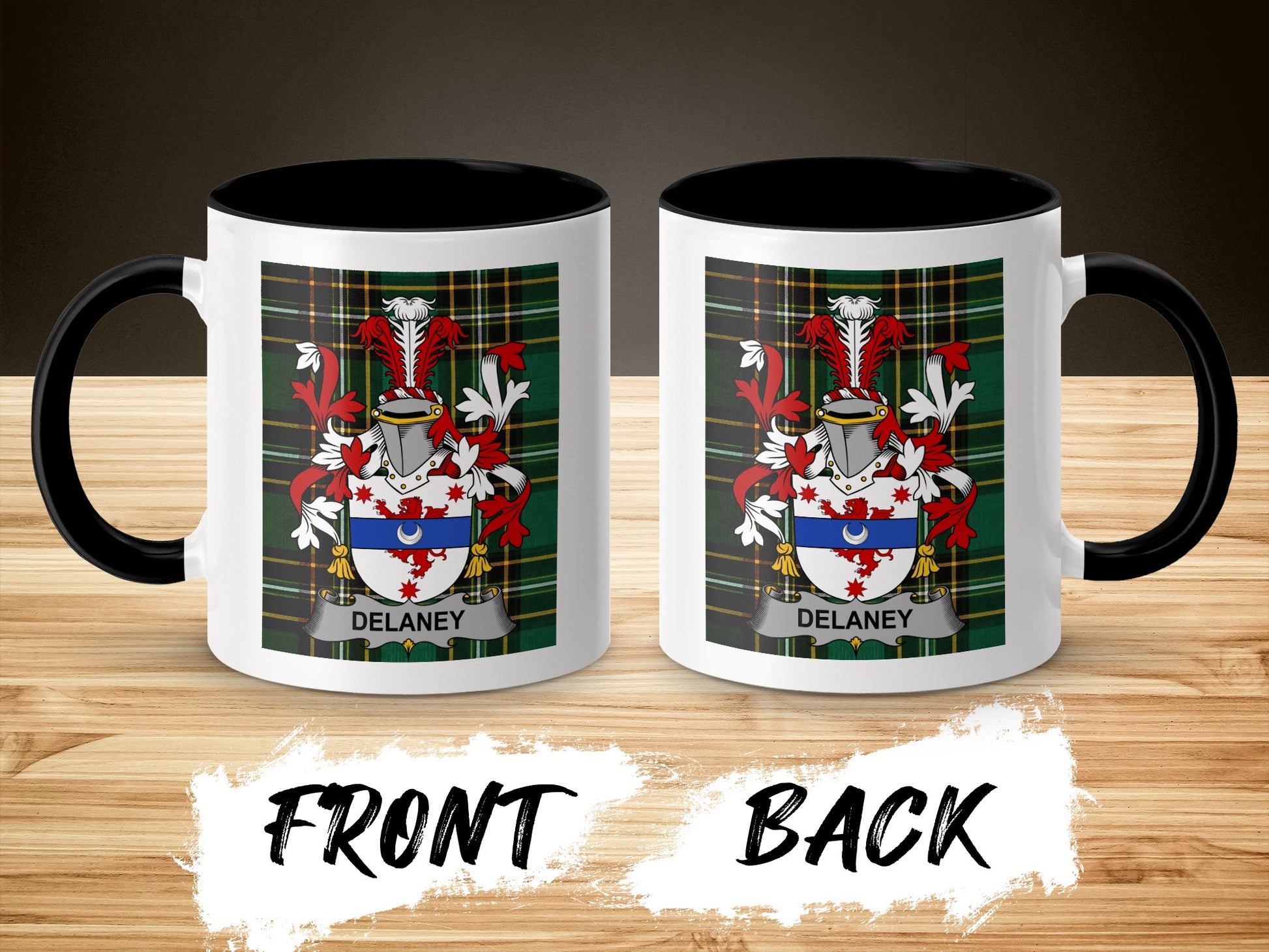 Two views of a mug with the Delaney coat of arms on a tartan background.