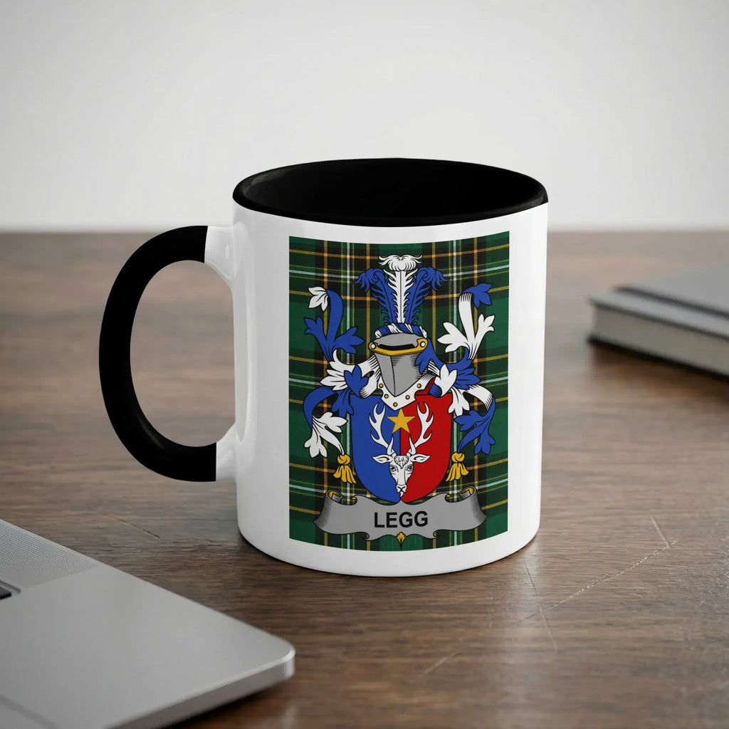 Legg Irish heritage mug with black handle and family crest