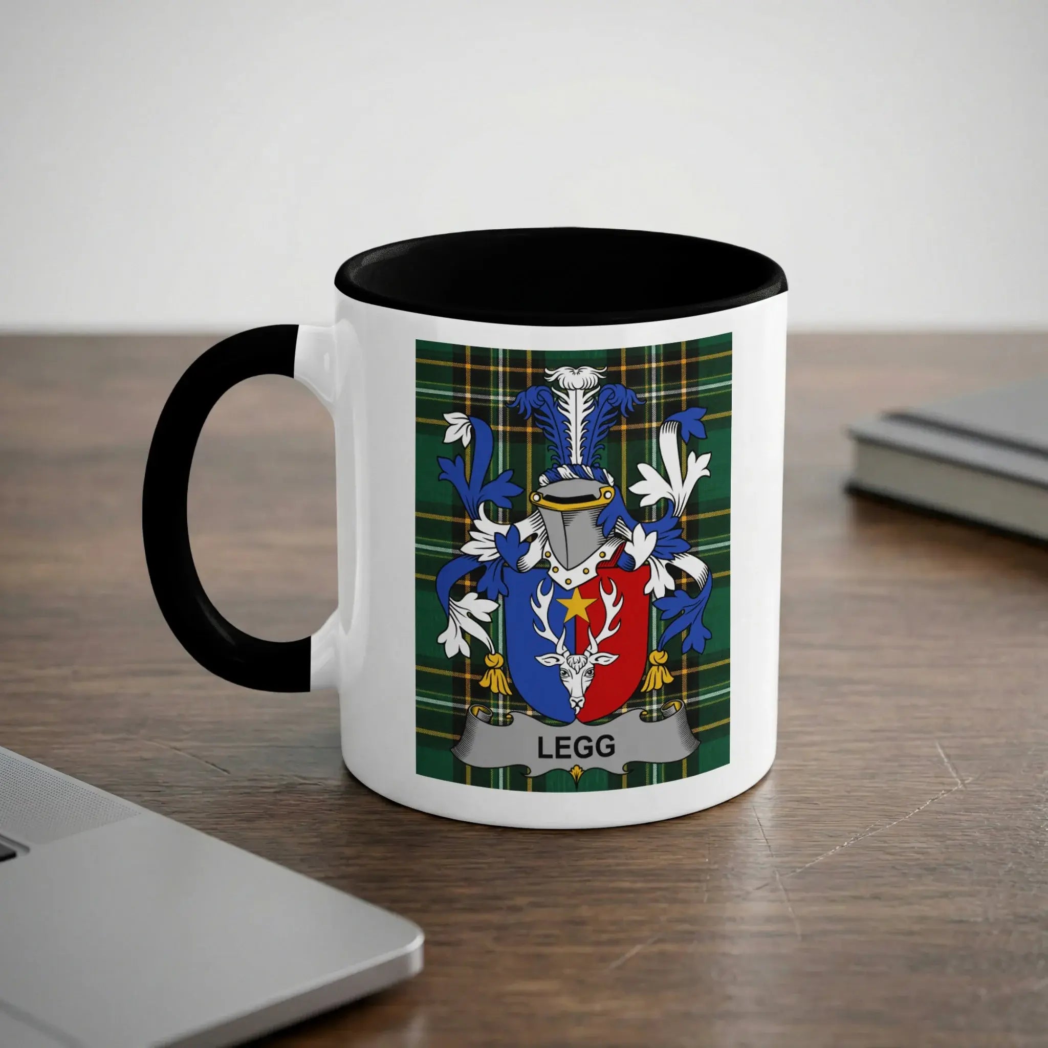 Legg Irish heritage mug with black handle and family crest
